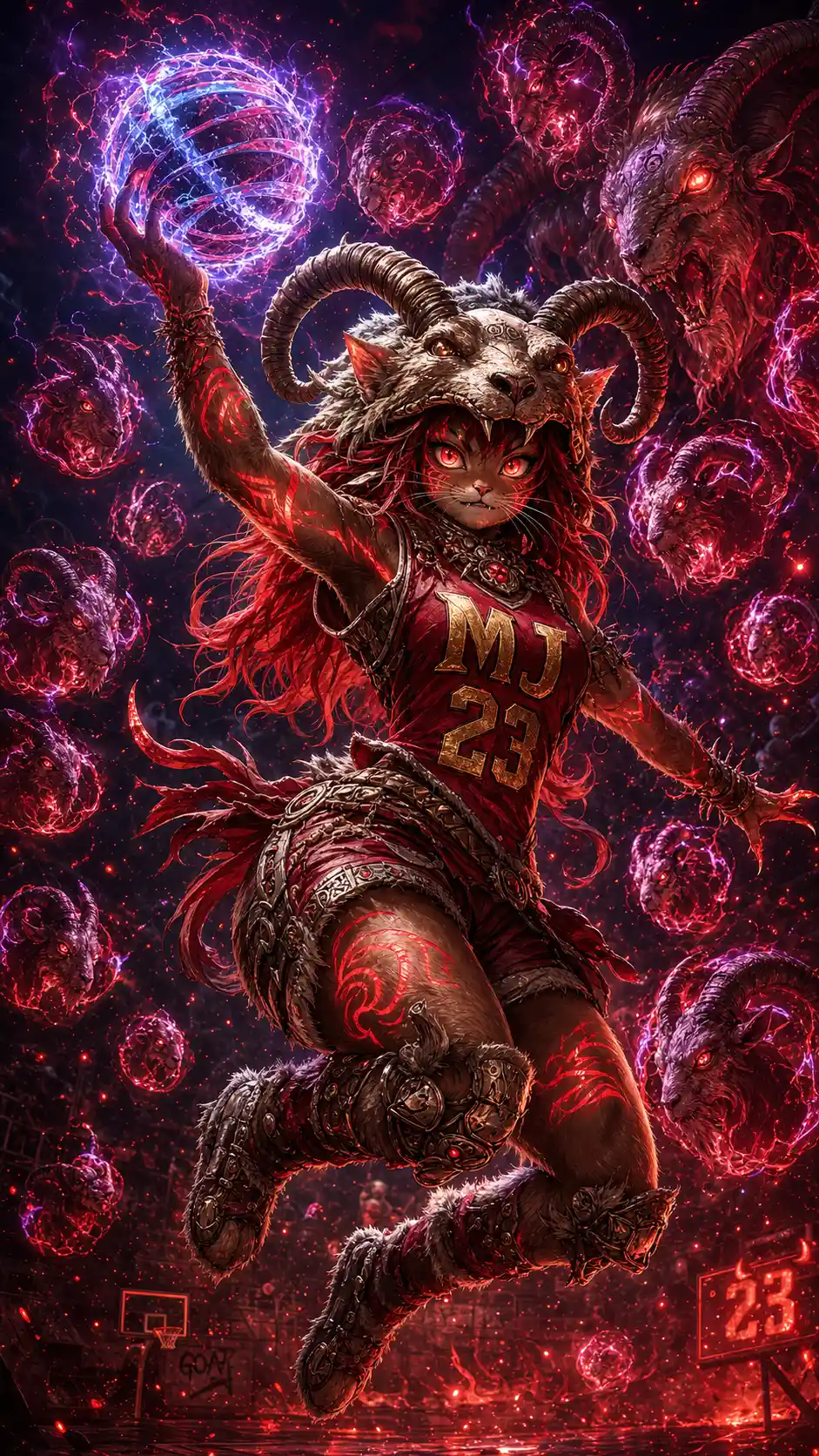 Feline anime warrior leaps for a powerful fantasy dunk