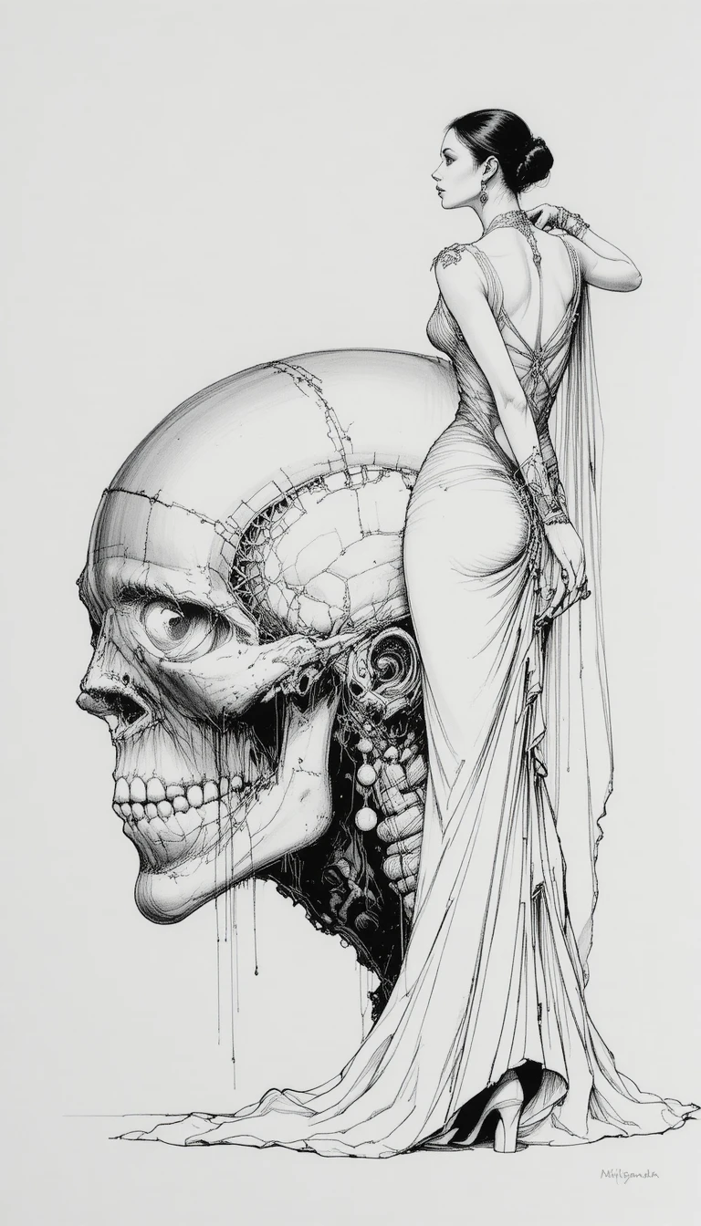 Ink drawing of a skull and a tall elegant woman