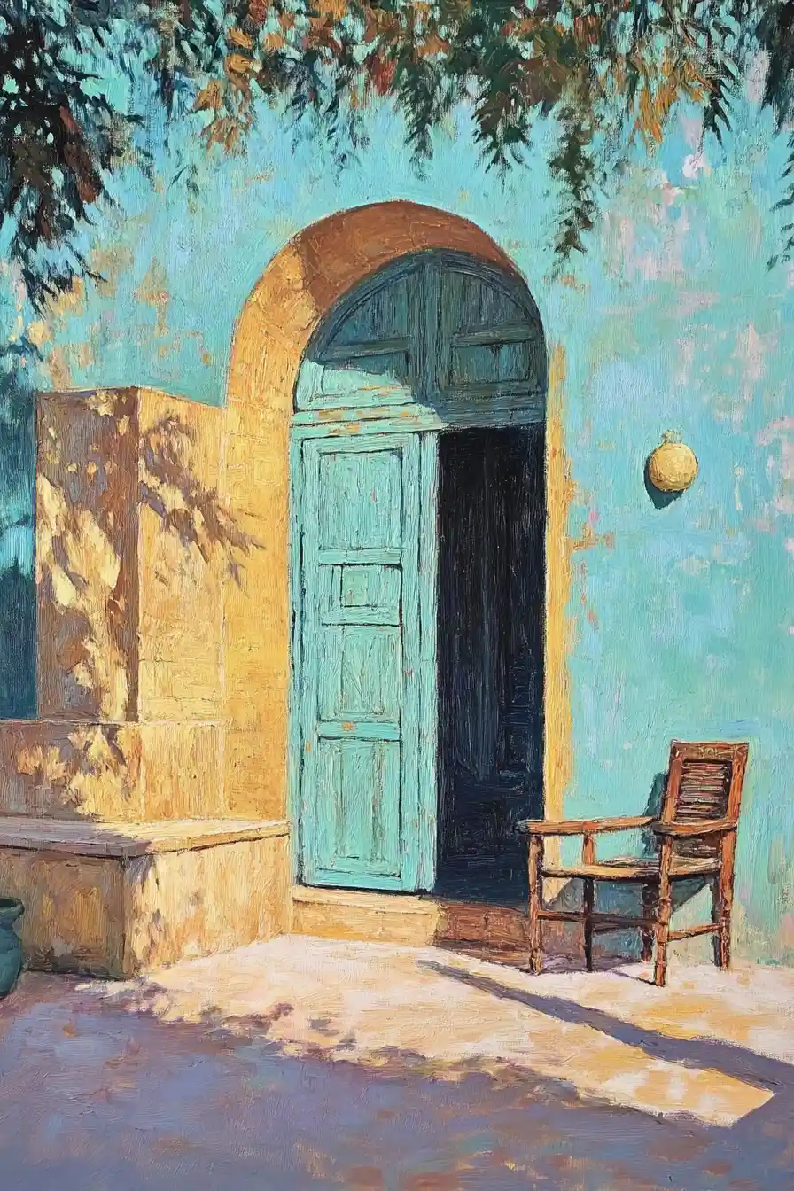 Textured Egyptian courtyard painting in soft morning light