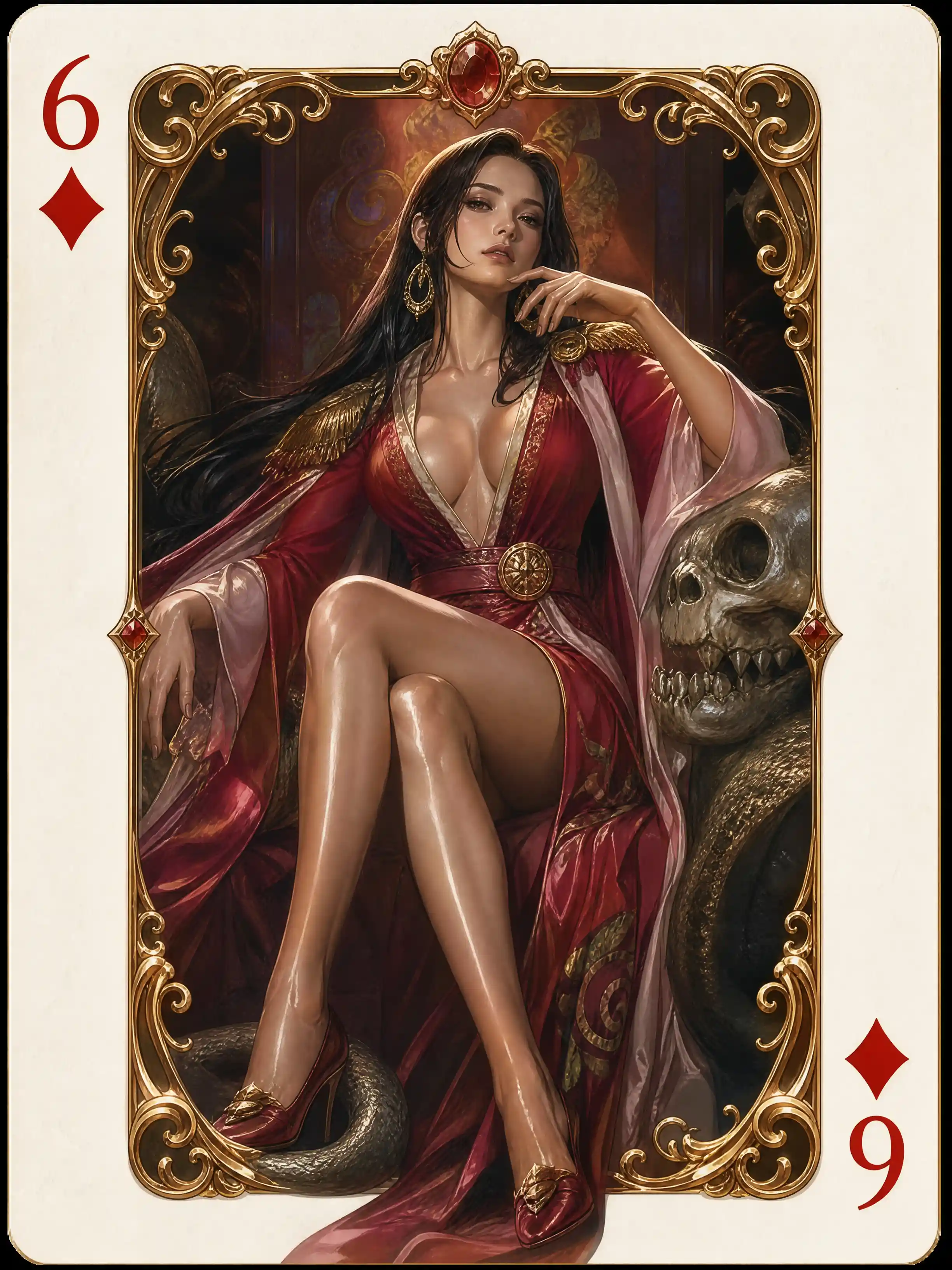 Fantasy warrior woman framed within six of diamonds card