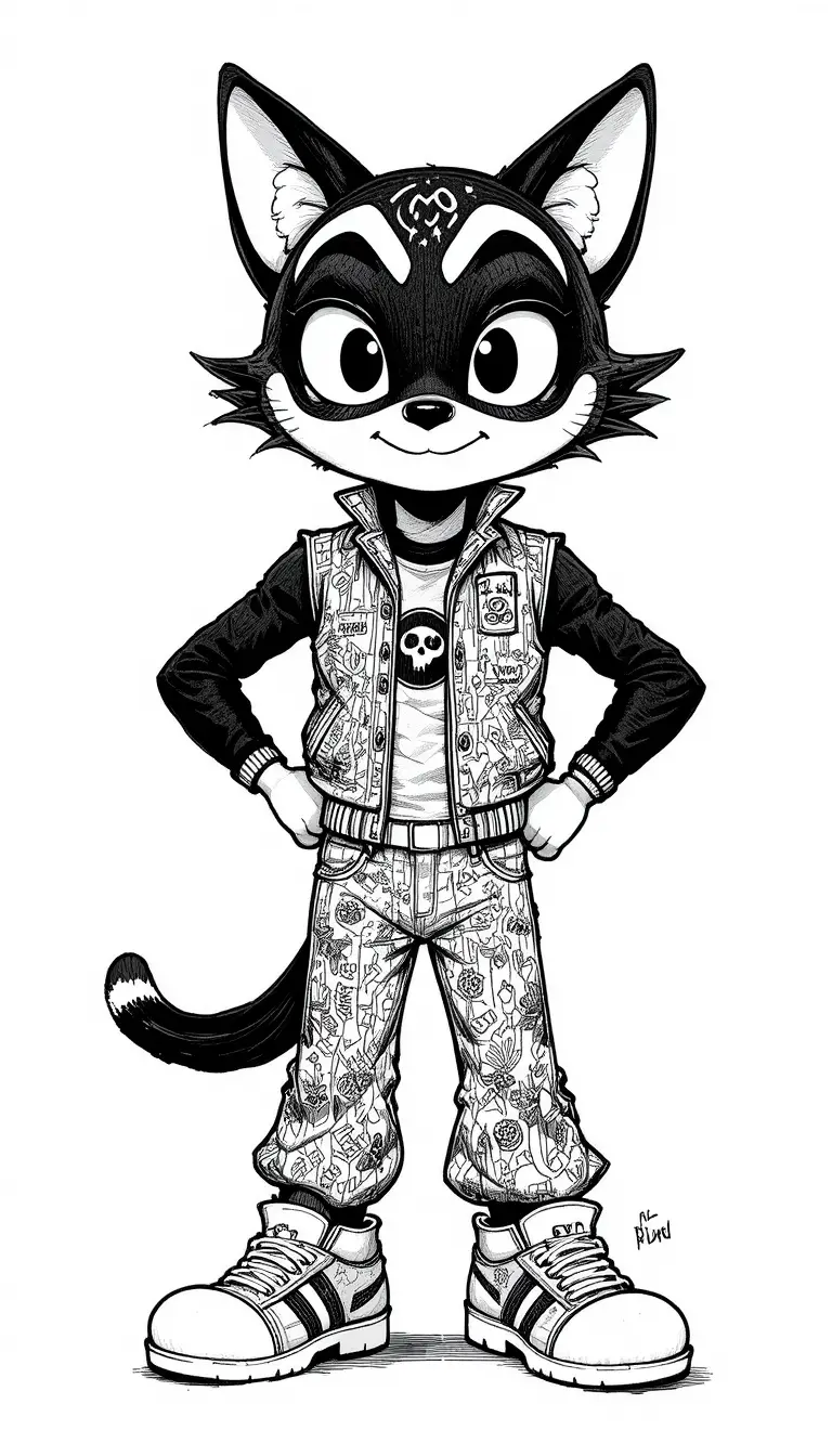Cartoon mascot character in ink on clean white background