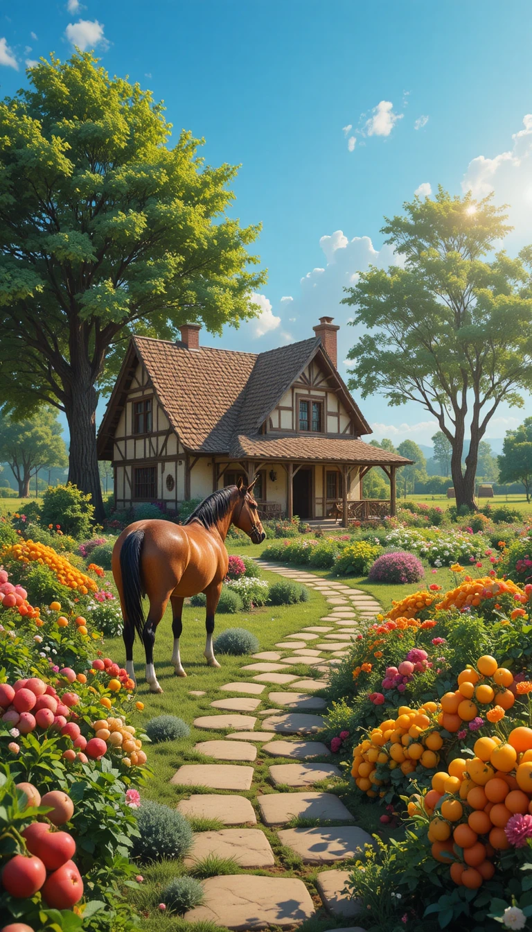 Sunny farm cottage with garden and grazing horse