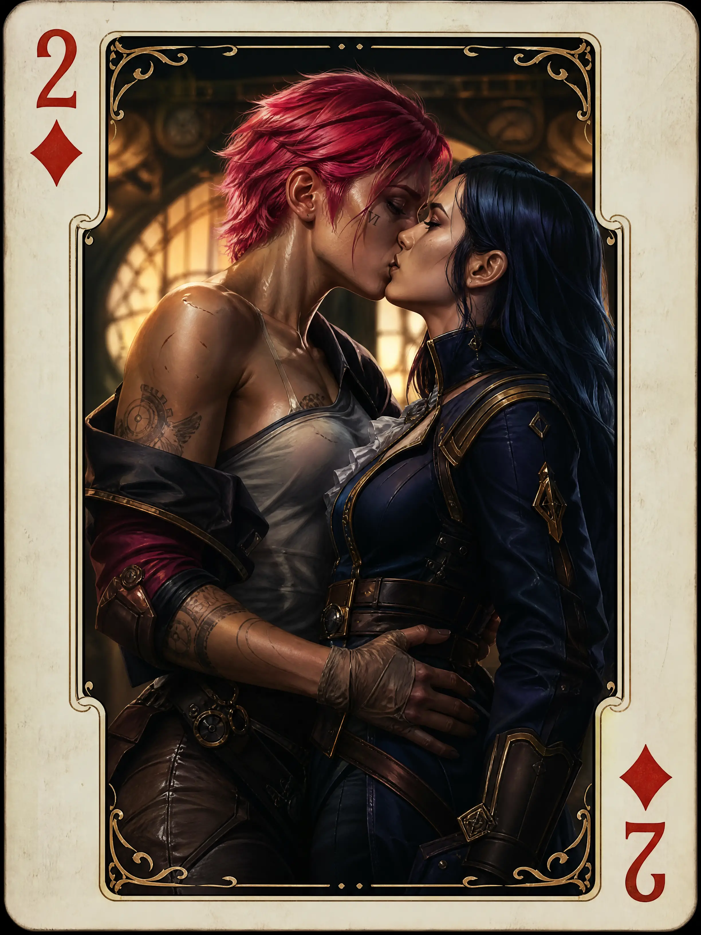 Epic fantasy kiss between two women on playing card
