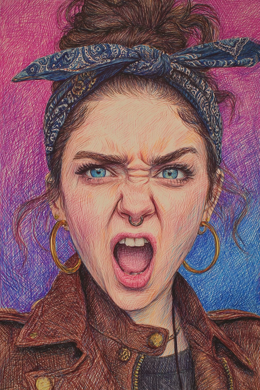 Angry girl close up in cross hatched pen and pencil portrait