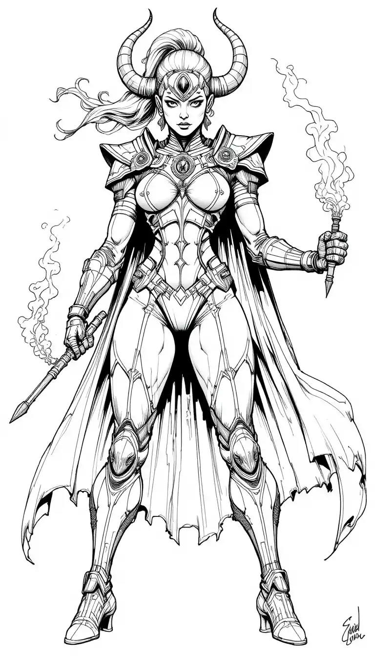 Four armed female warrior in bold comic ink lineart