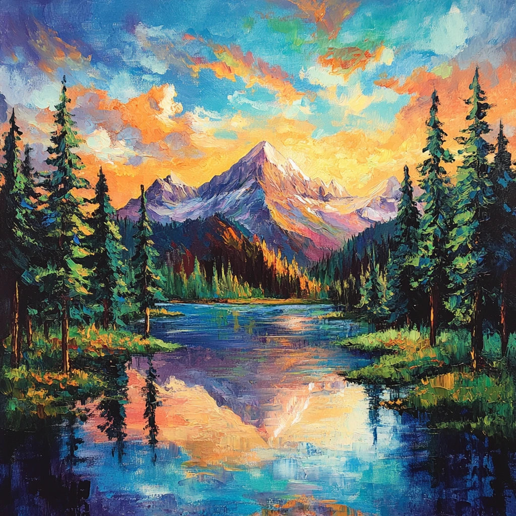 Serene mountain lake with pine trees and walking trails