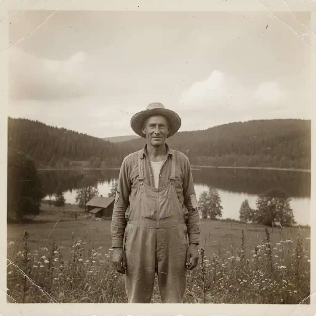 Rugged Swedish farmer in a lush summer countryside scene