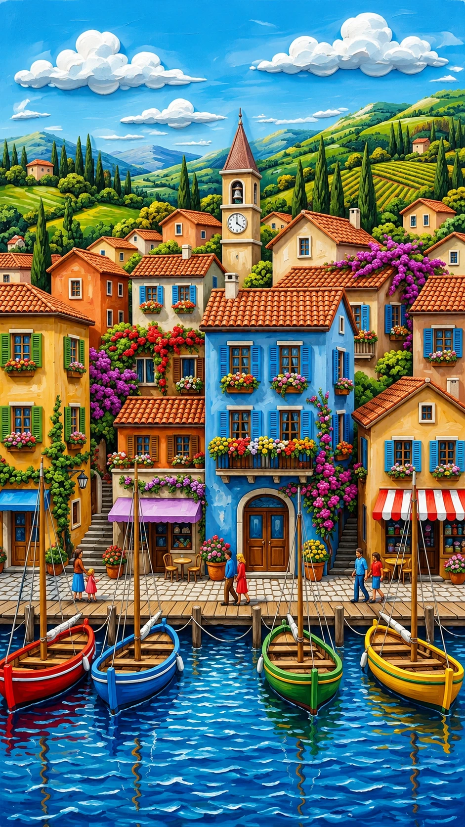 Colorful coastal village in bright three dimensional bas relief
