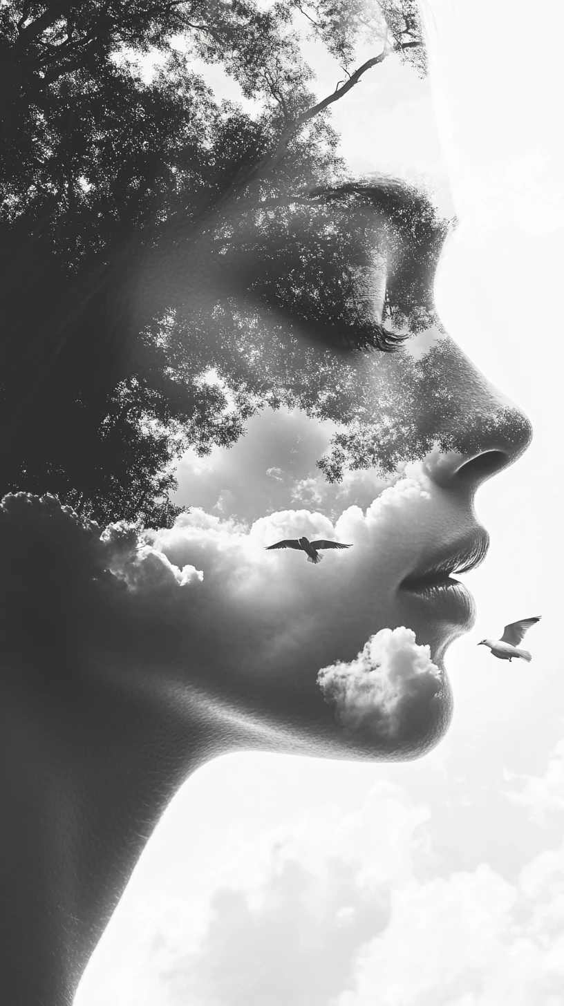 Double exposure portrait of a serene woman and forest