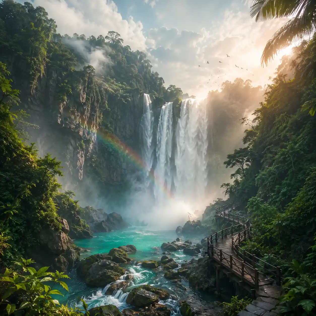 Cachoeira cinematográfica despencando em uma piscina turquesa na selva
