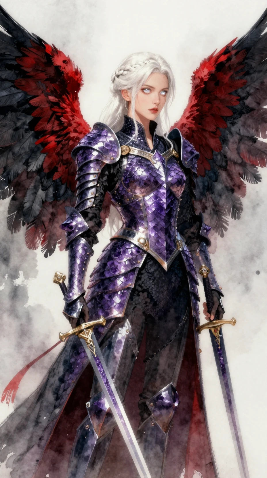 Winged warrior woman in amethyst dragon scale armor