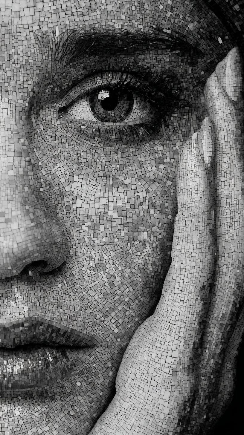Black and white mosaic close up of a woman face