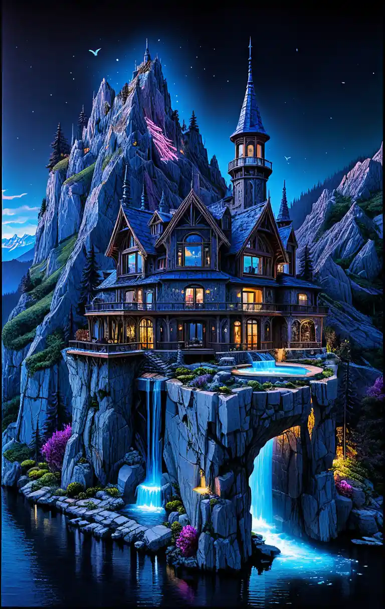 Fantasy mountain castle carved into a dramatic cliffside