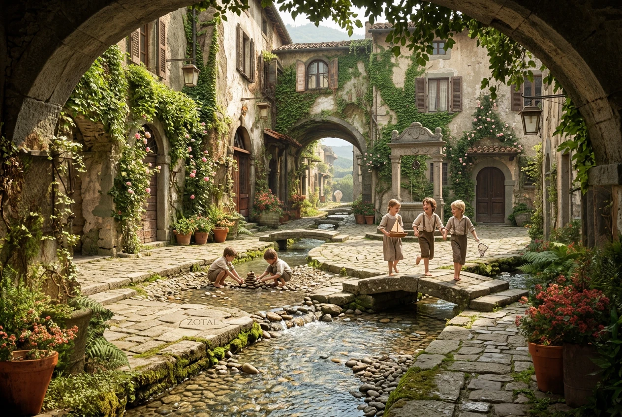 Children playing by a small creek in a natural setting