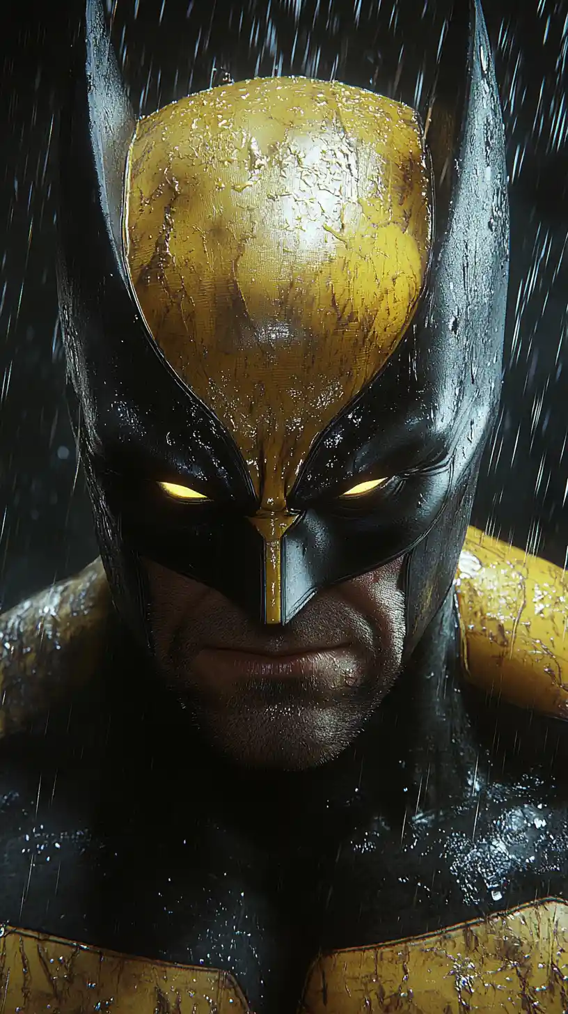 Brooding masked superhero portrait in heavy cinematic rain