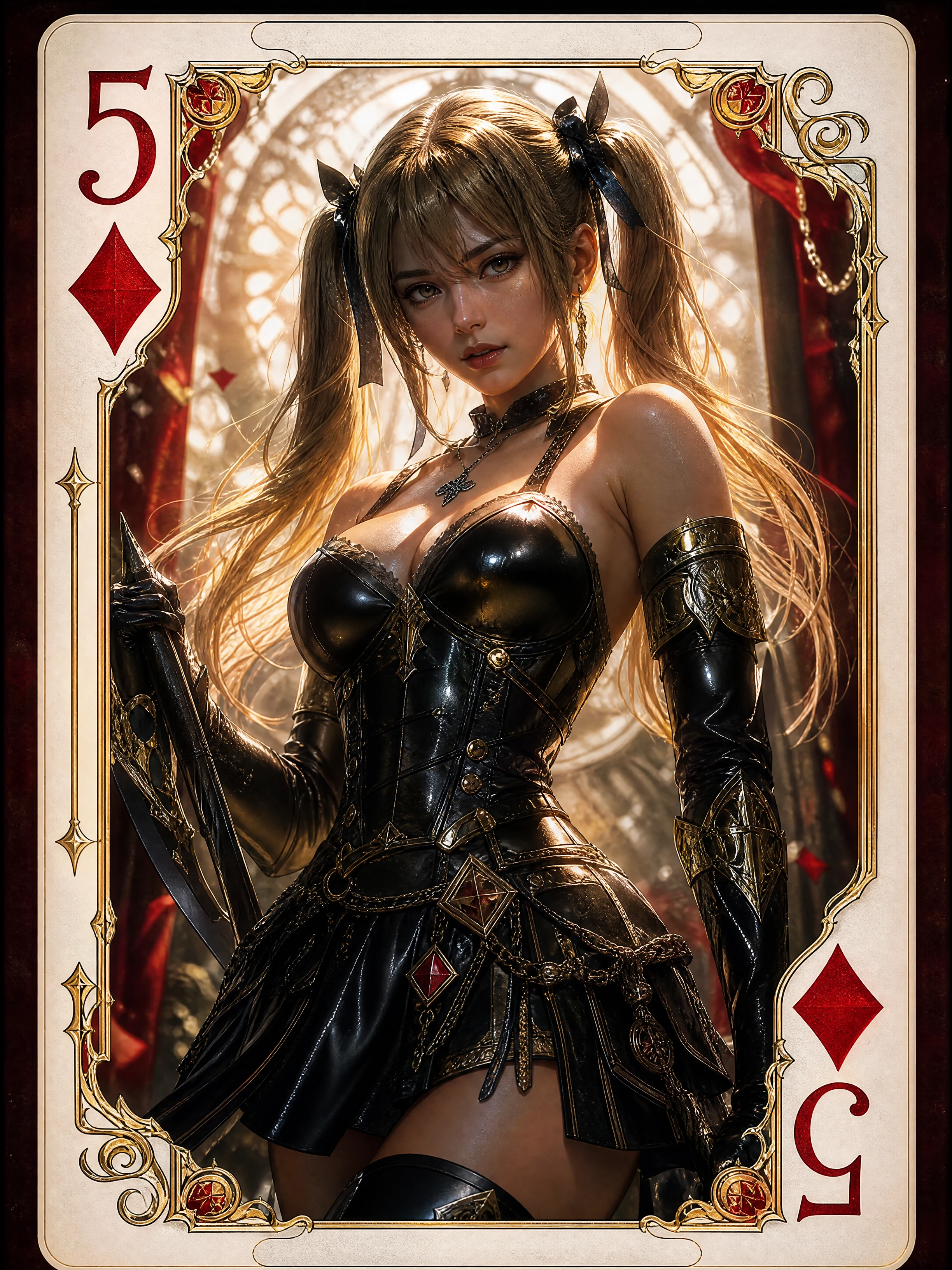 Mythic warrior woman framed in five of diamonds card