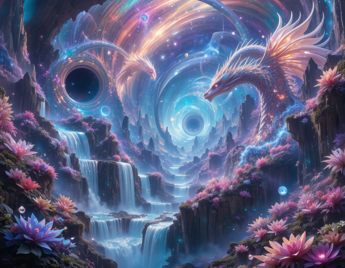 Cosmic rainforest spiraling through crystalline black hole skies