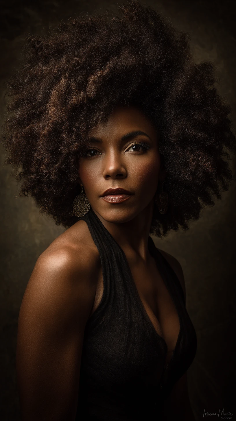 Confident black woman with halo like afro in profile portrait