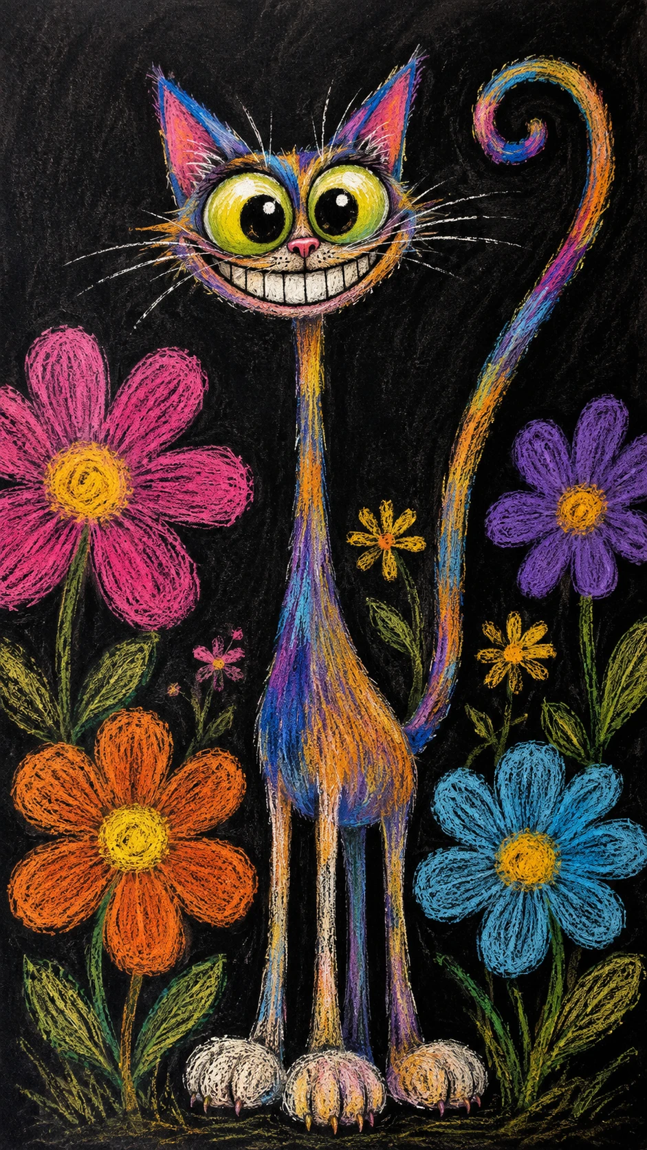 Playful Chalk Cat With Giant Flowers On Dark Background