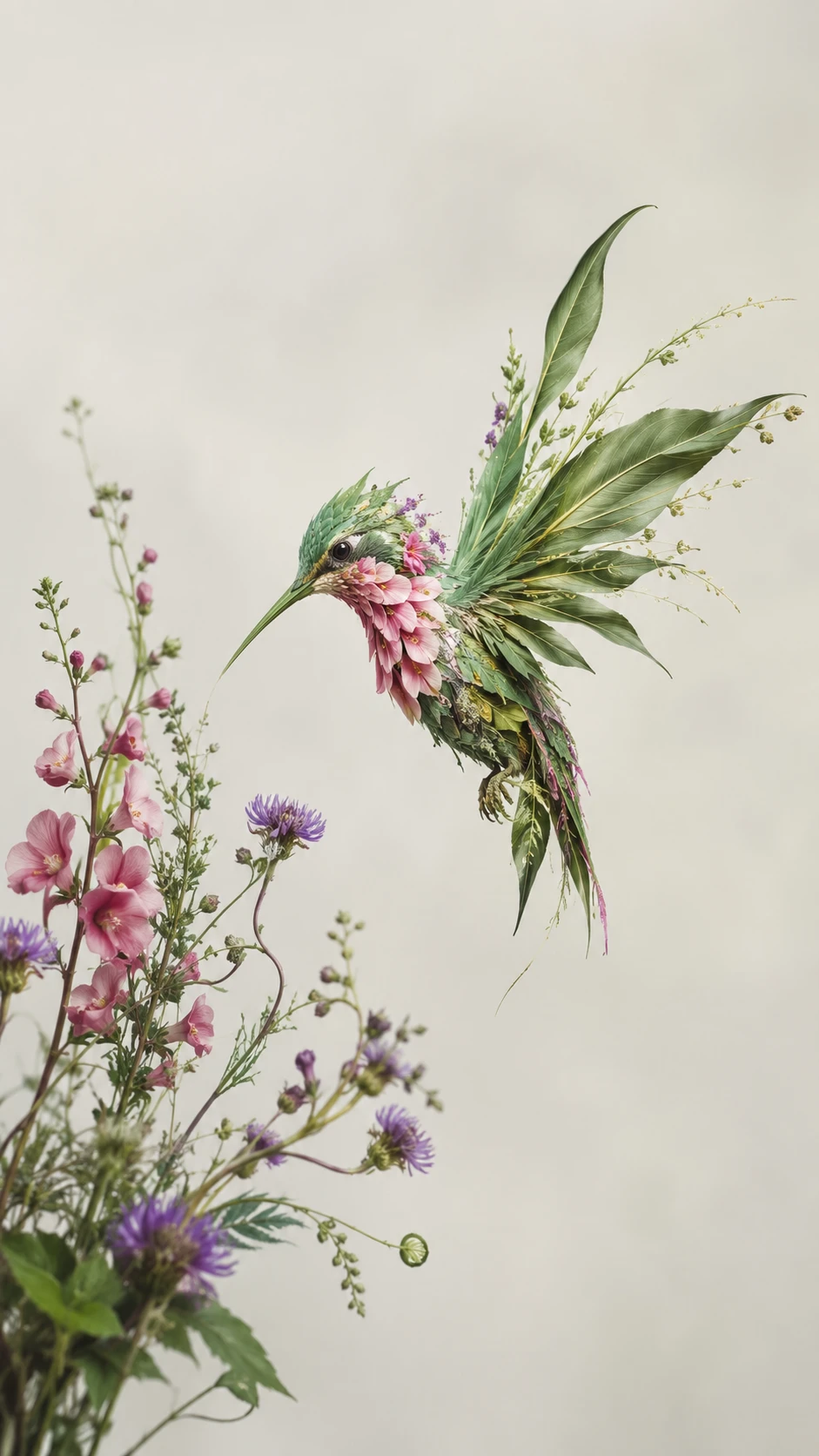 Hummingbird Hovering Beside Wildflowers In Airy Realistic Painting