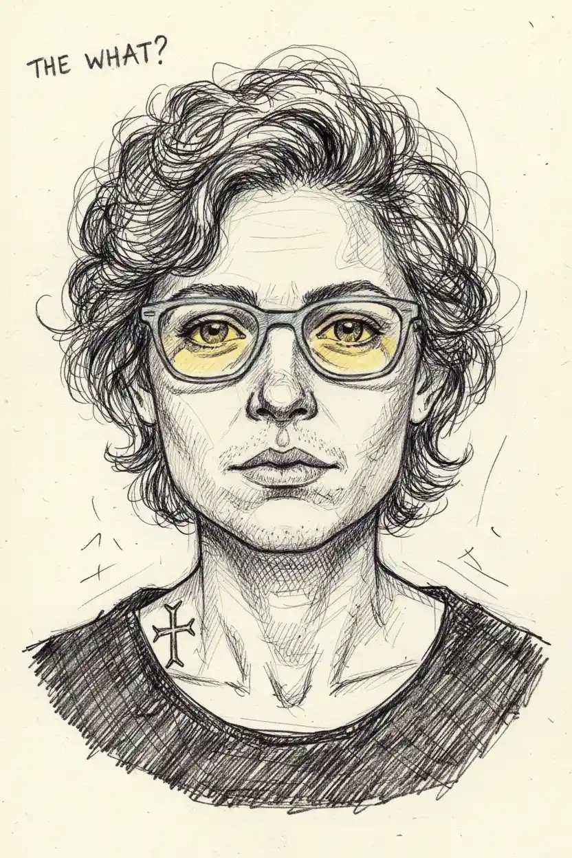 Expressive pen portrait of an androgynous person with yellow glasses