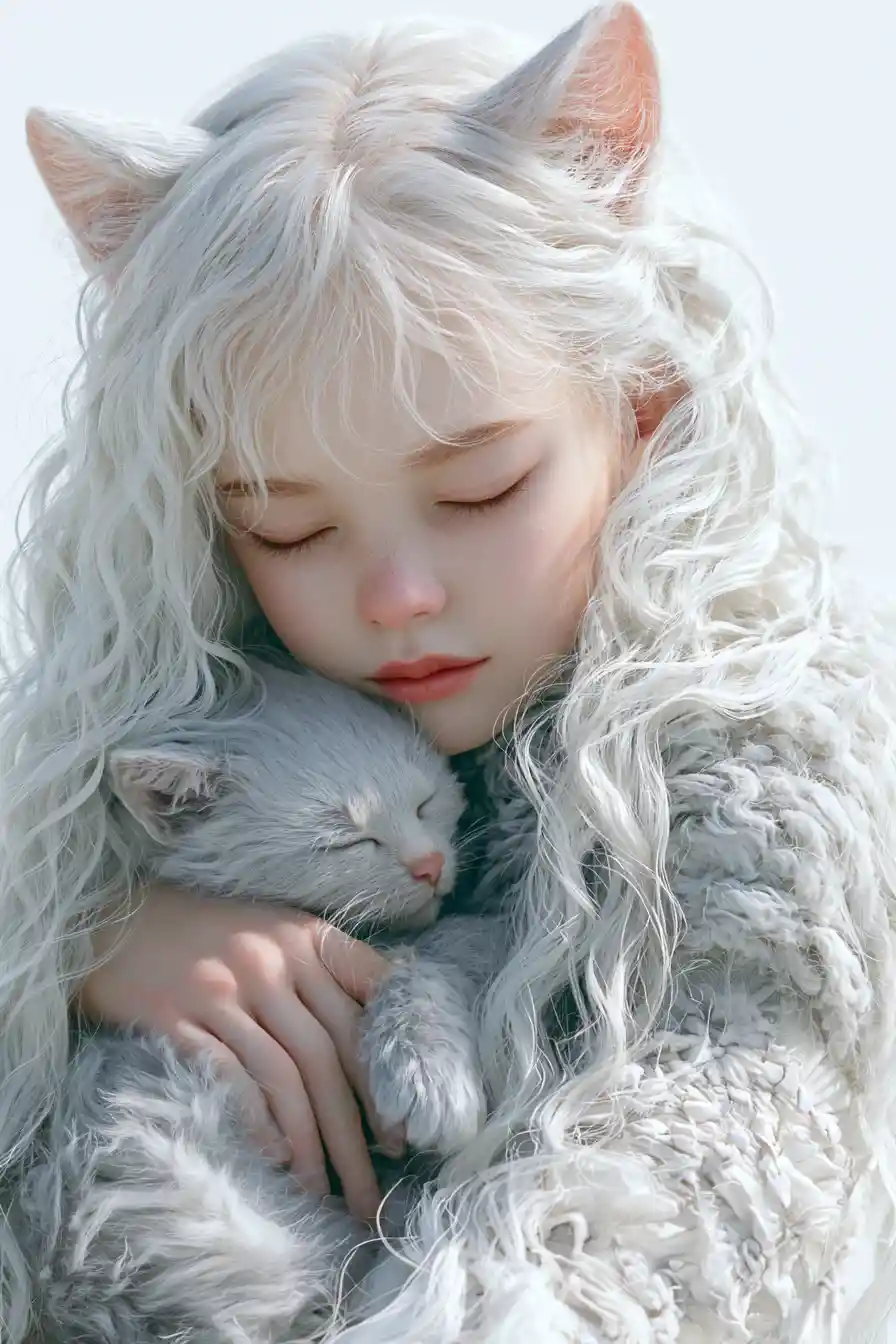 Anime girl cuddling a sleeping kitten in soft white tones