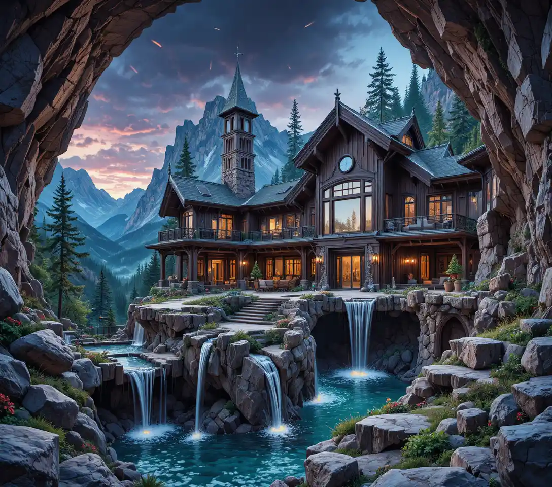 Fantasy mountain house with cascading cliffside pools