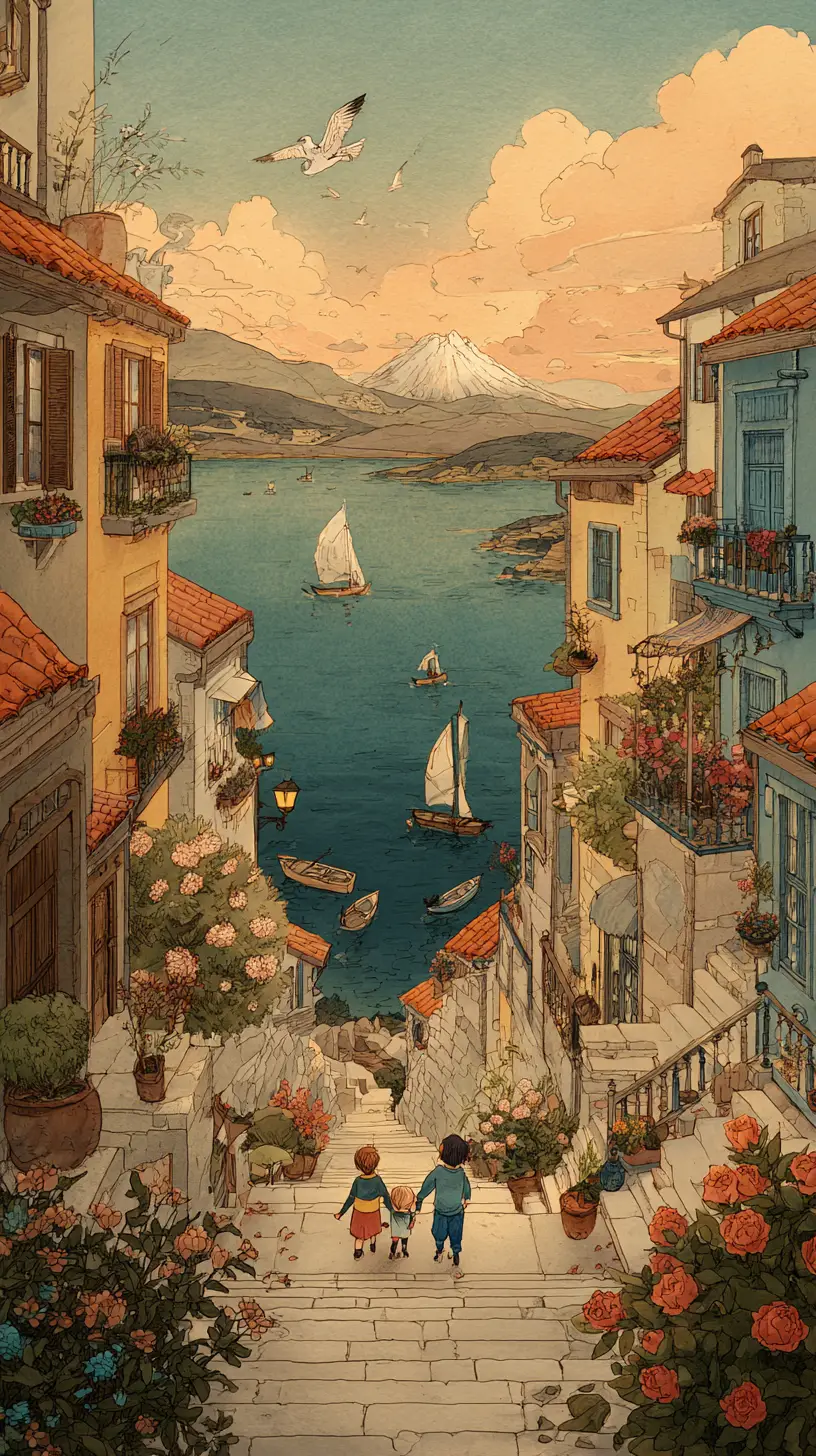 Watercolor coastal village path leading to sea and mountain
