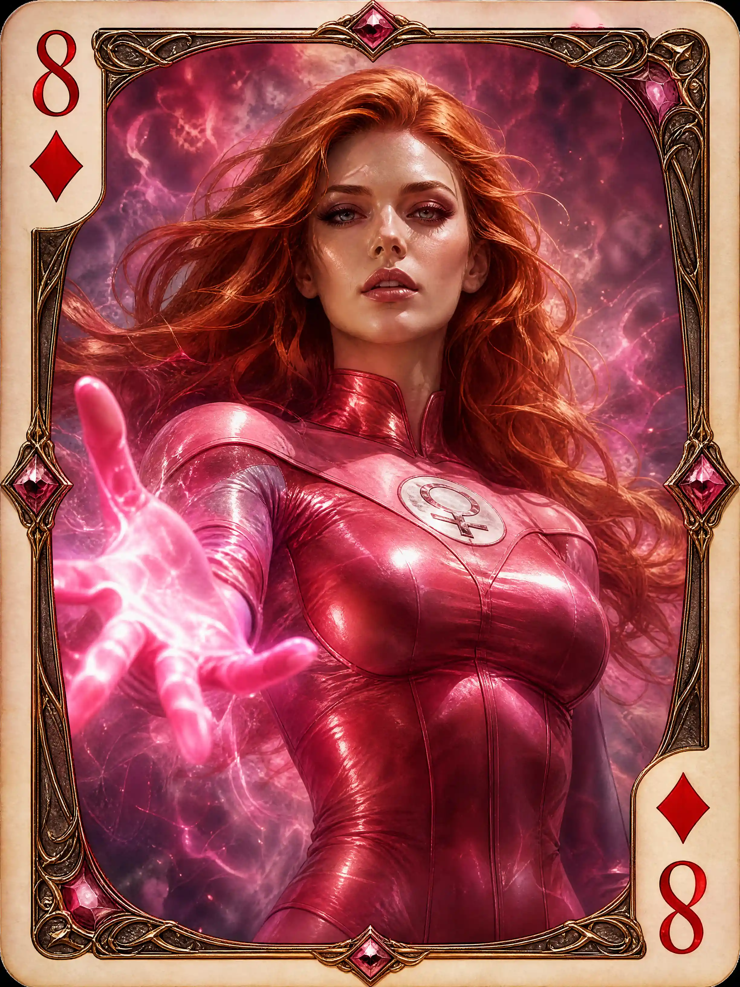 Heroic fantasy woman framed in eight of diamonds card
