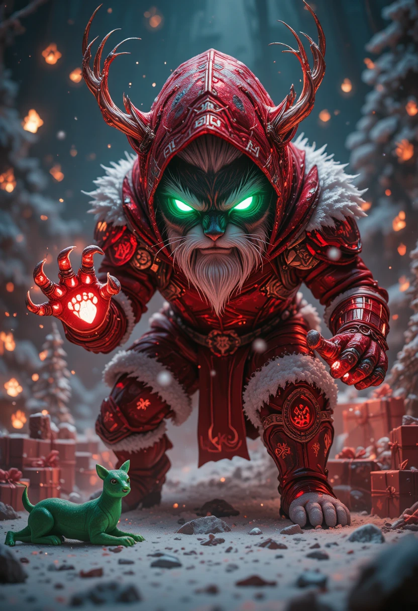 Crystal tabby cat warrior in rune covered santa armor
