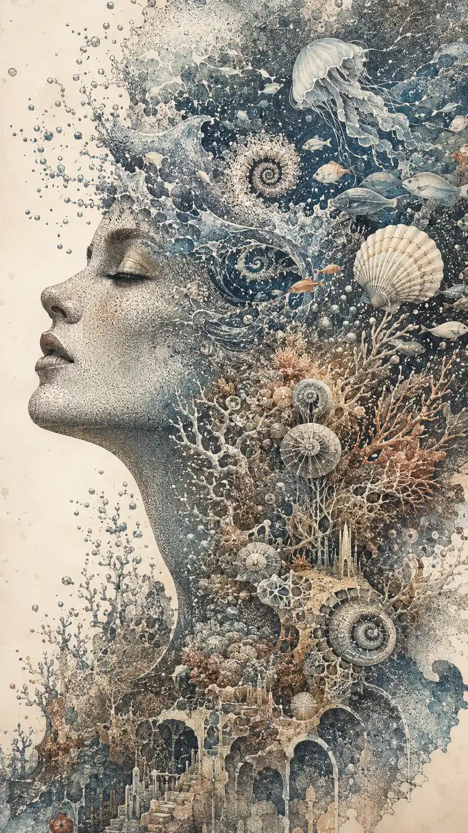 Human profile emerging from waves transforming into sea life