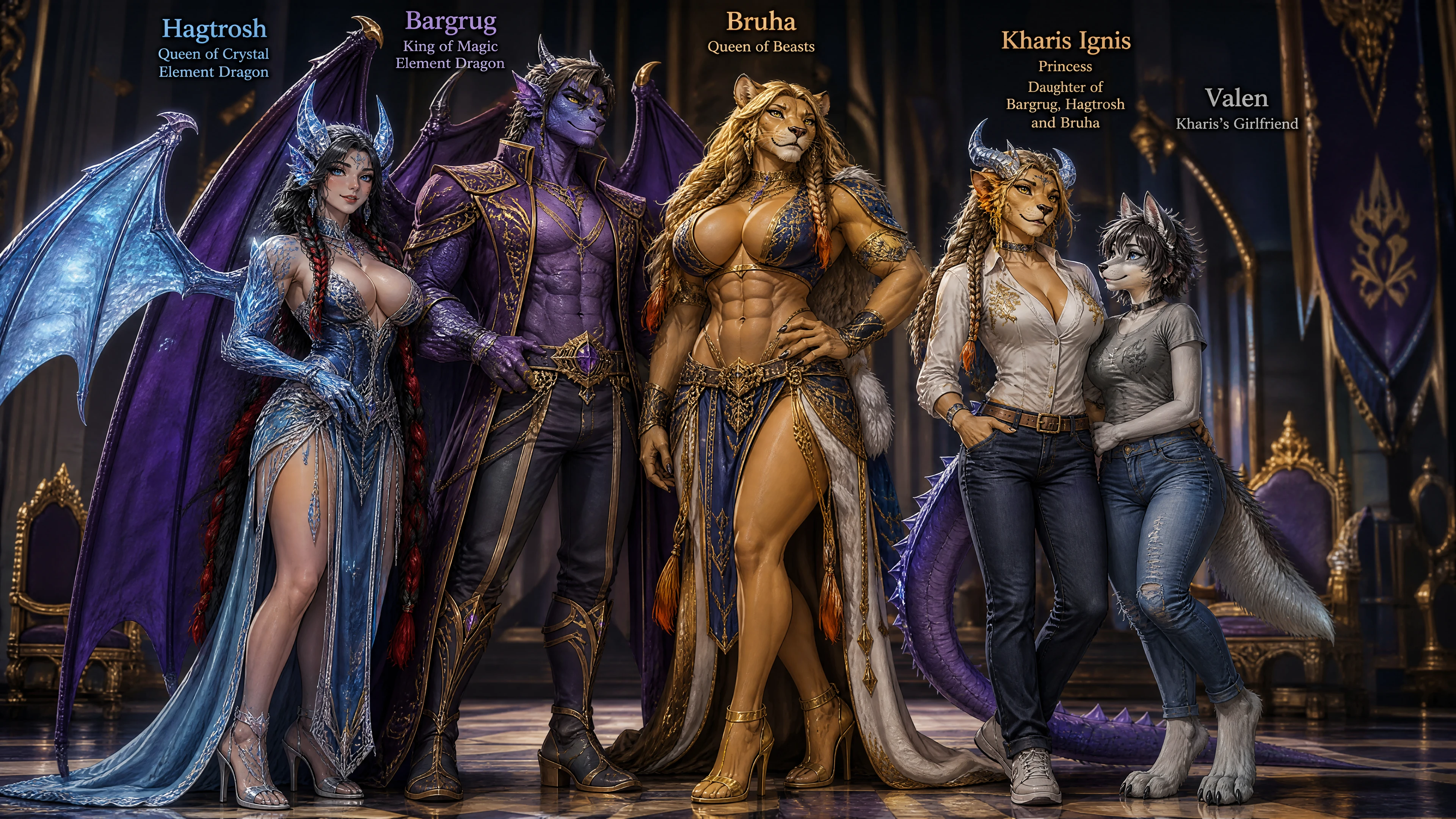 Royal dragon and beast queens in magical regalia