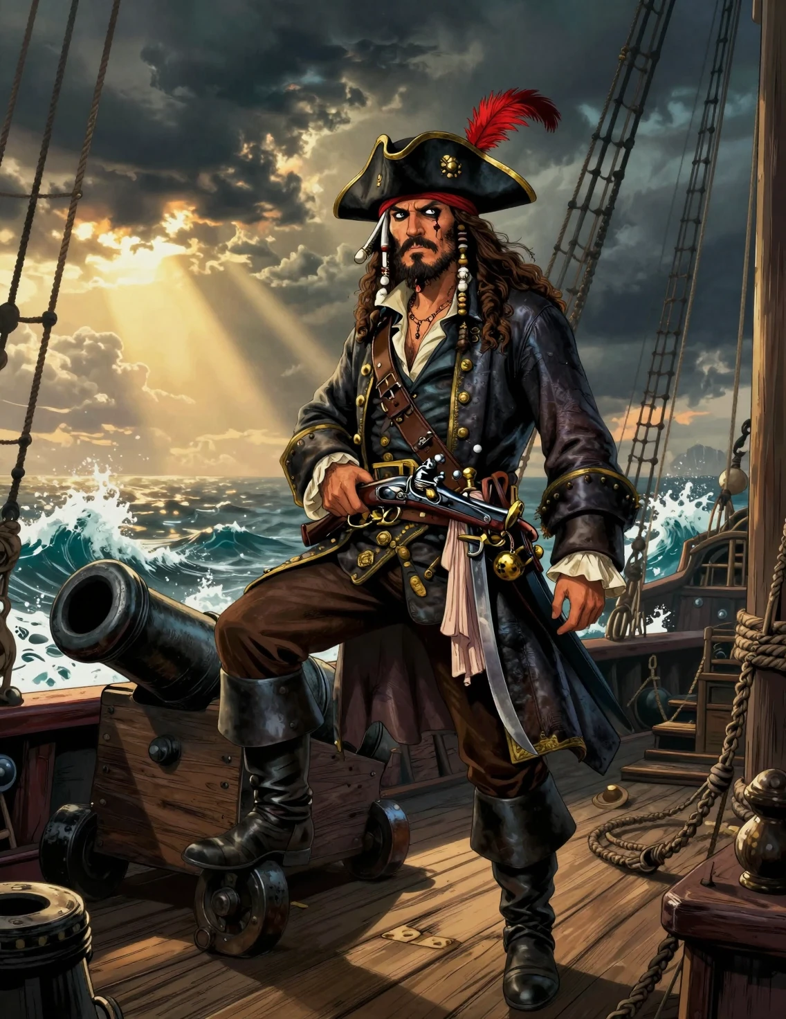 Pirate captain on stormy deck in graphic novel style