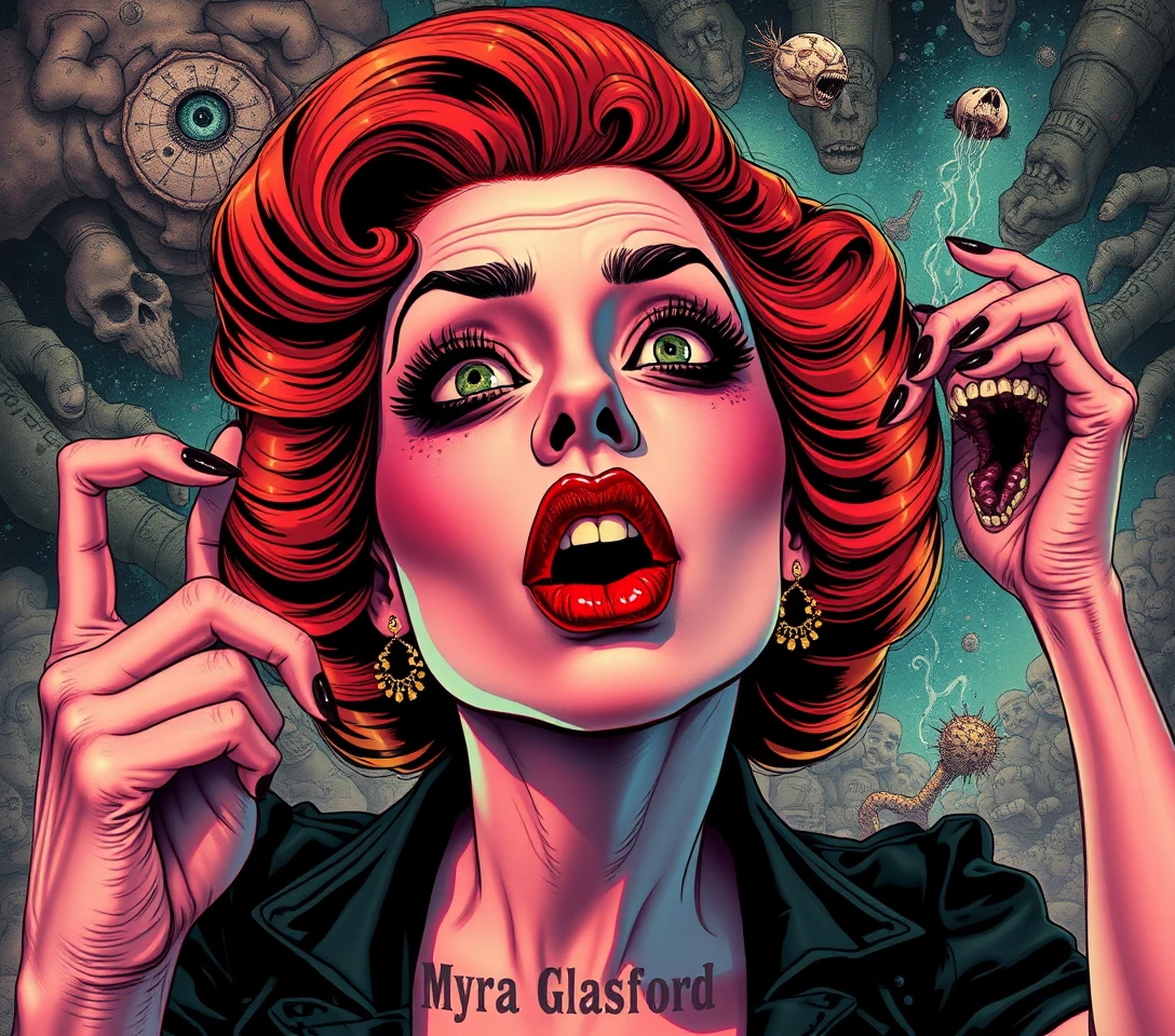 Surreal pop illustration of a woman in a tense moment