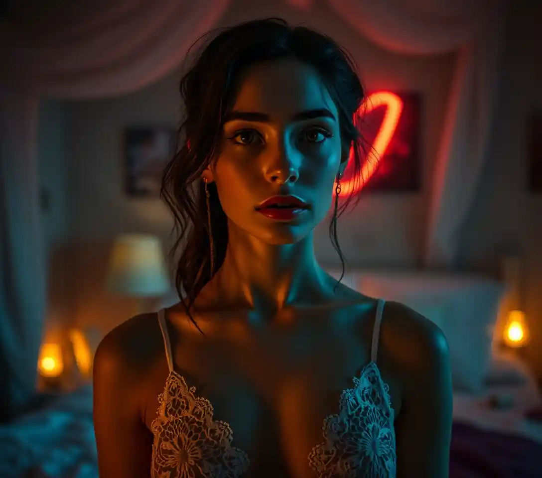 Ethereal woman in a surreal bedroom with frozen time