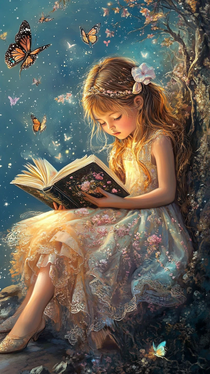 Young girl reading with hamsters in pastel fantasy world