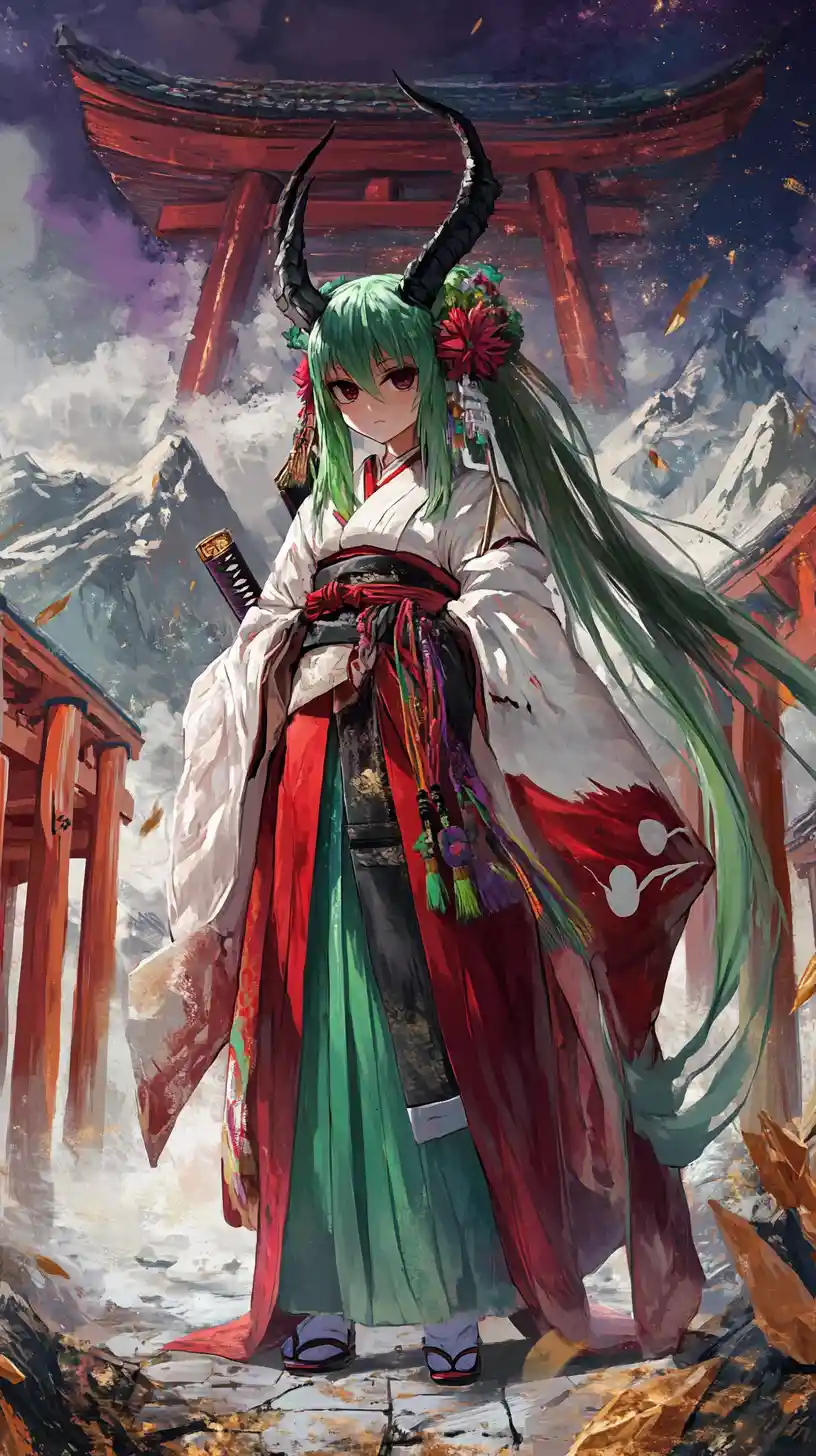 Horned anime girl with emerald hair and katana