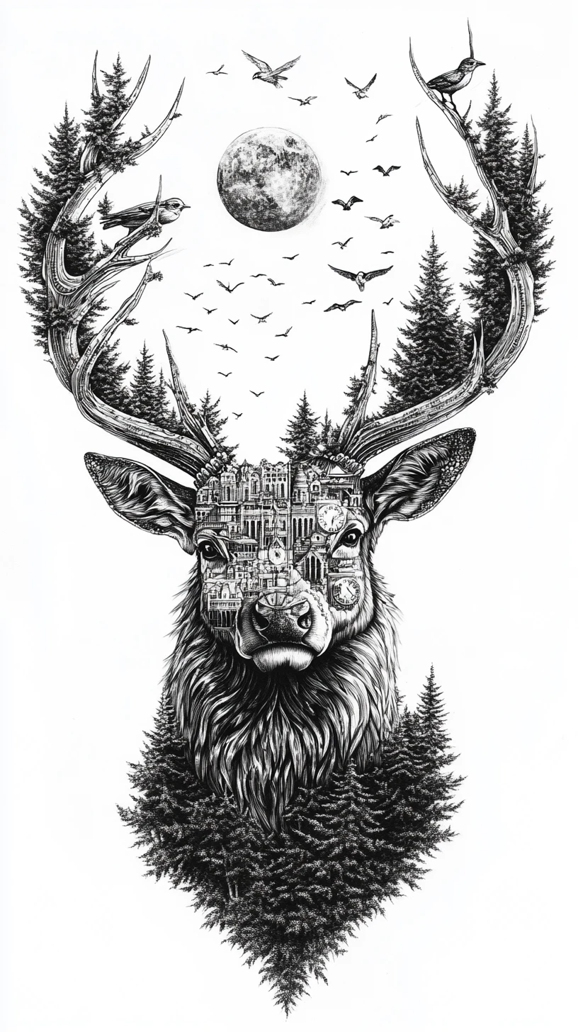 Majestic stag with antlers transforming into celestial architecture