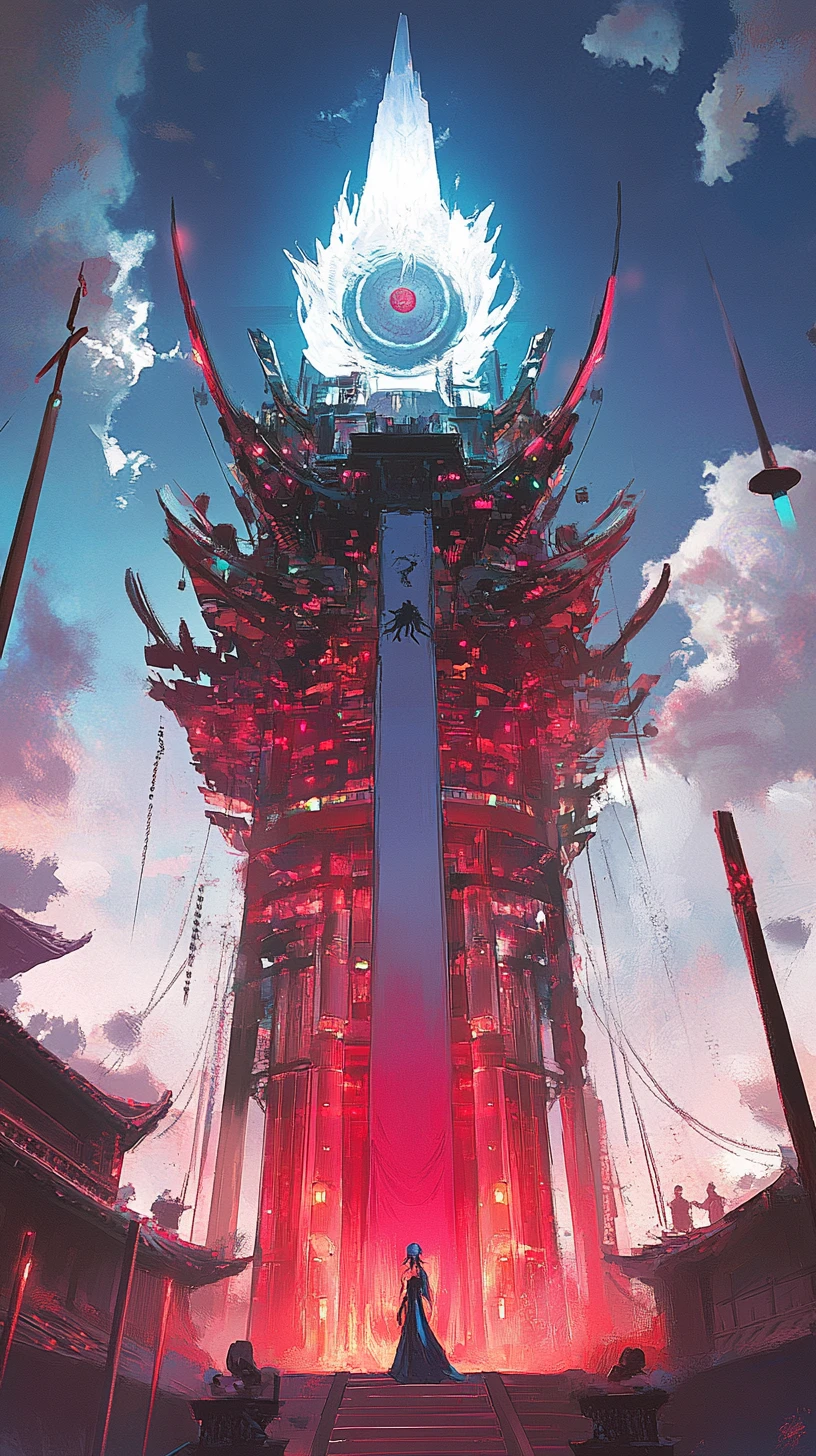 Twisted steel fantasy tower before a purple storm sky