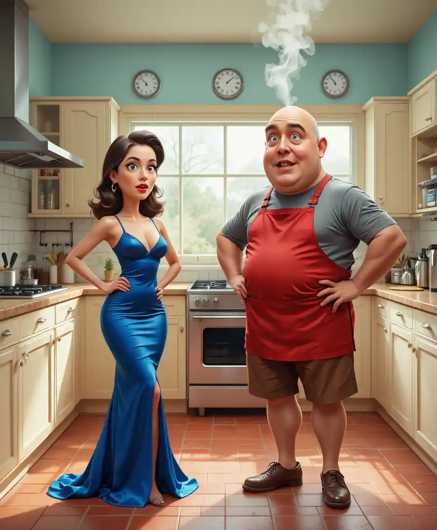 Elegant woman and shocked cook in a bright kitchen