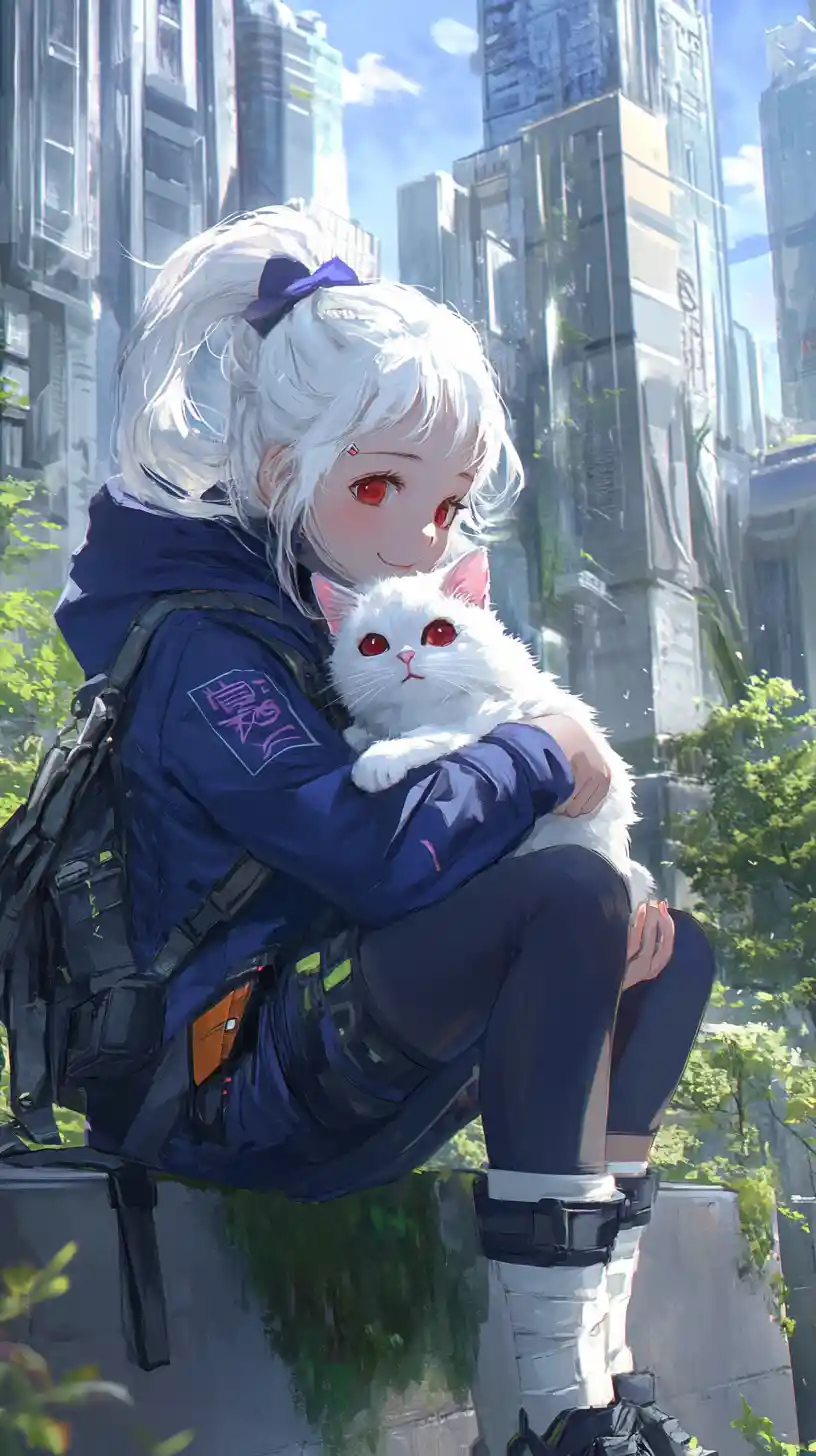 Joyful anime girl hugging a white cat in green city