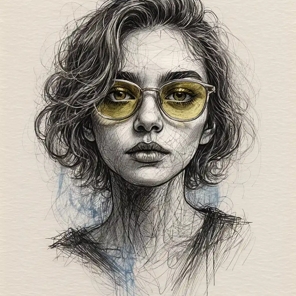 Contemplative ink portrait of an androgynous person with glasses