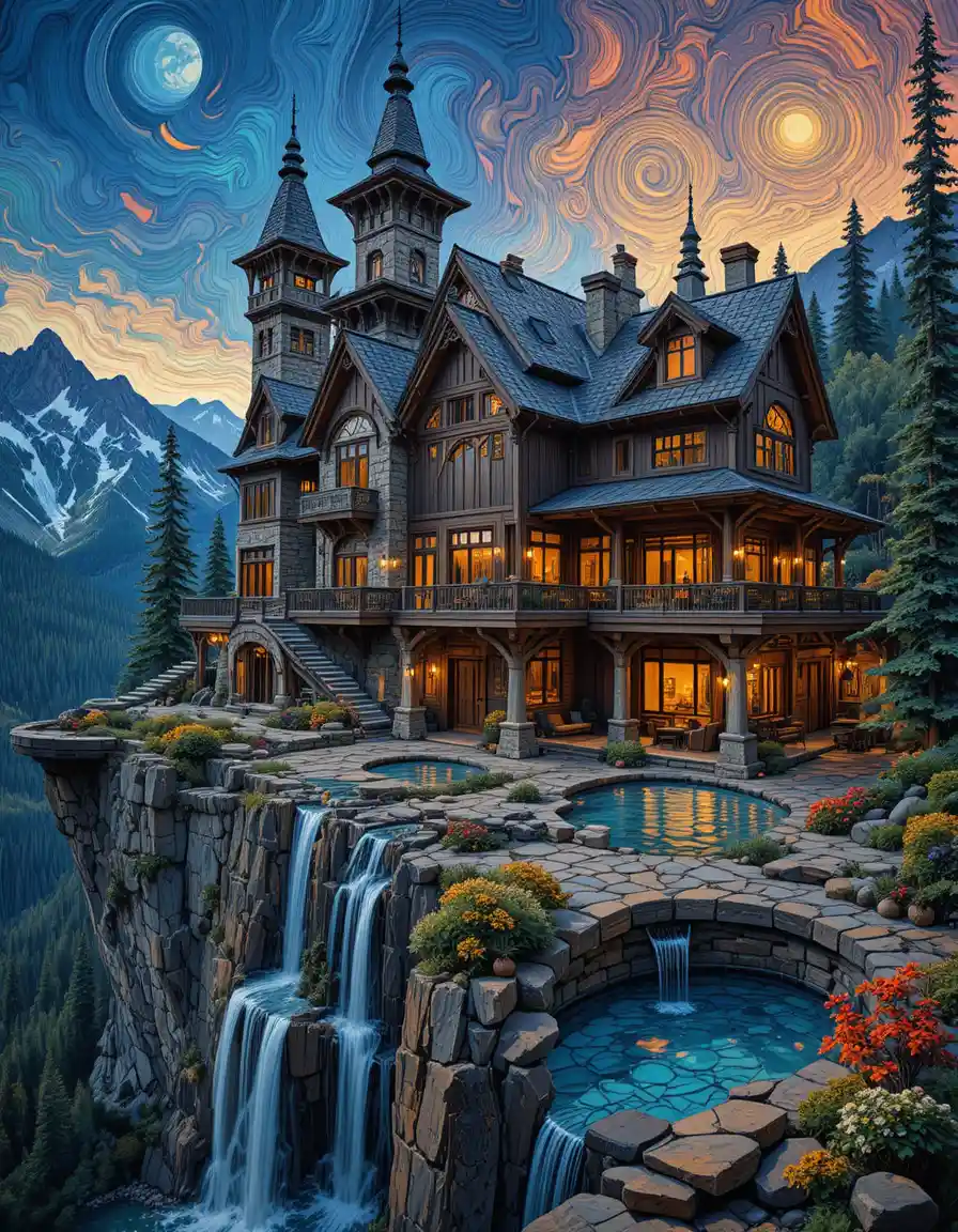 Fantasy mountain house with cascading cliffside pools
