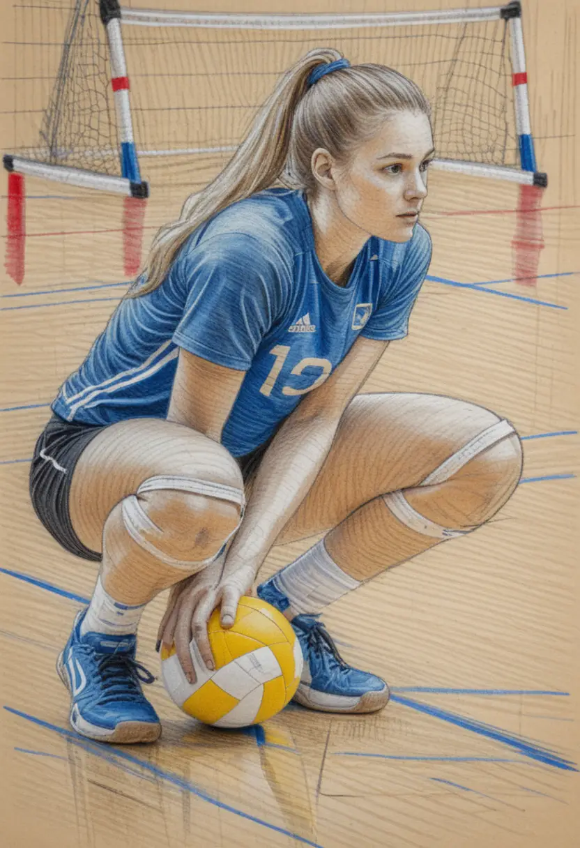 Disegno tecnico sportivo di una ragazza pallavolista in accovacciata difensiva