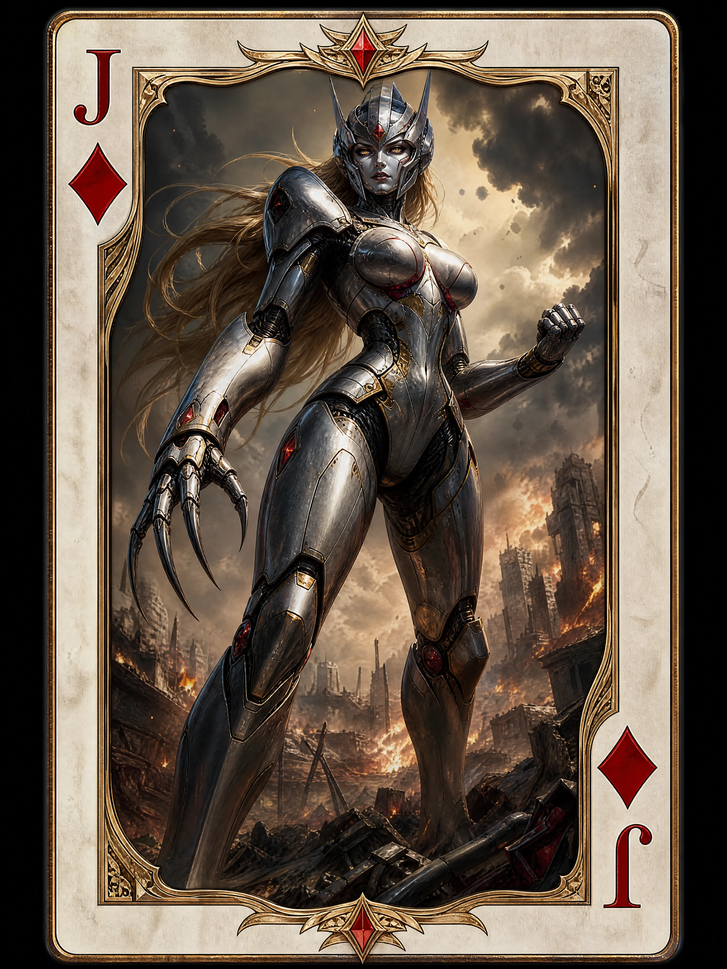 Giant female robot warrior within a jack of diamonds frame