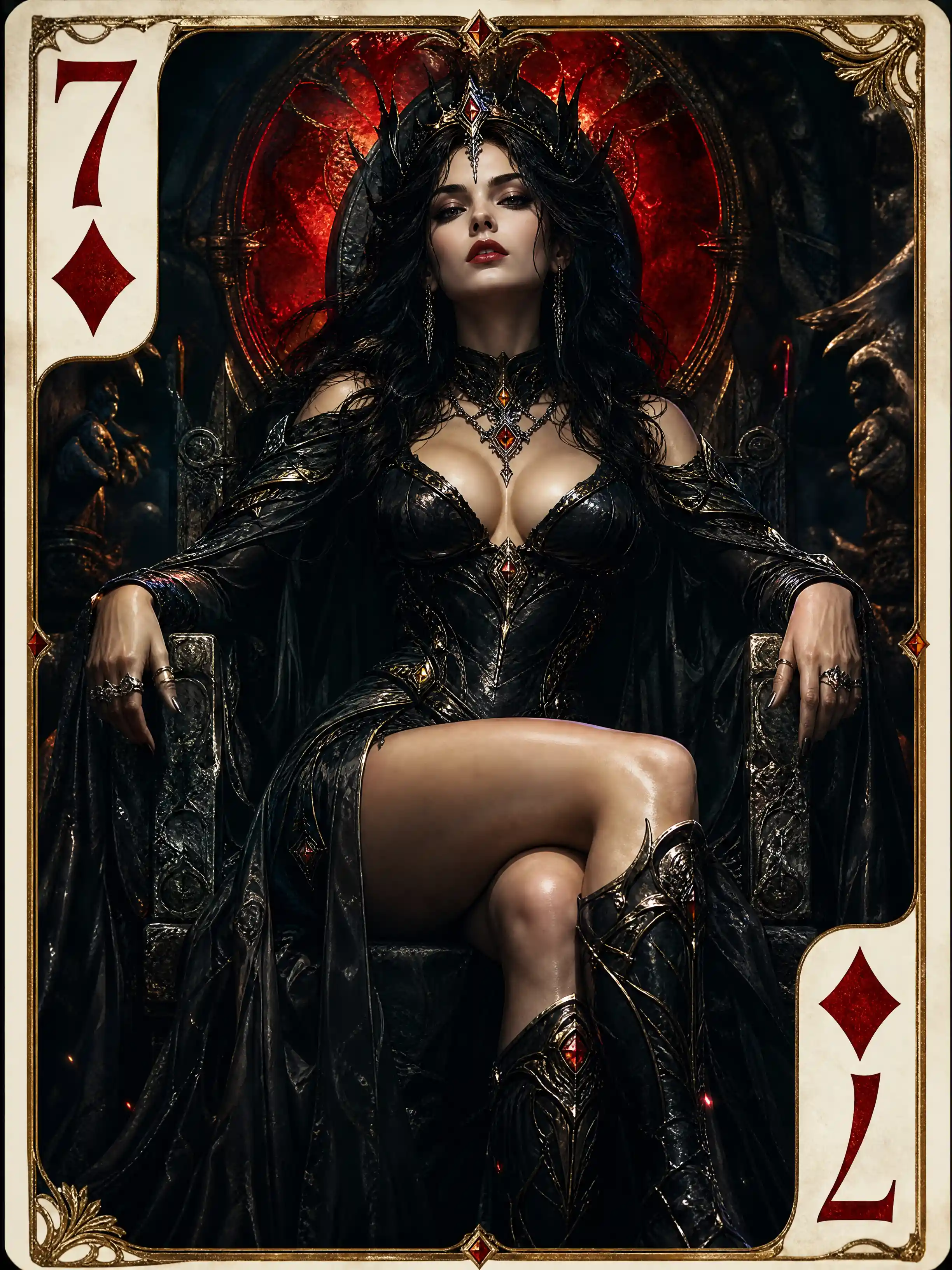 Gothic fantasy goddess framed within seven of diamonds card