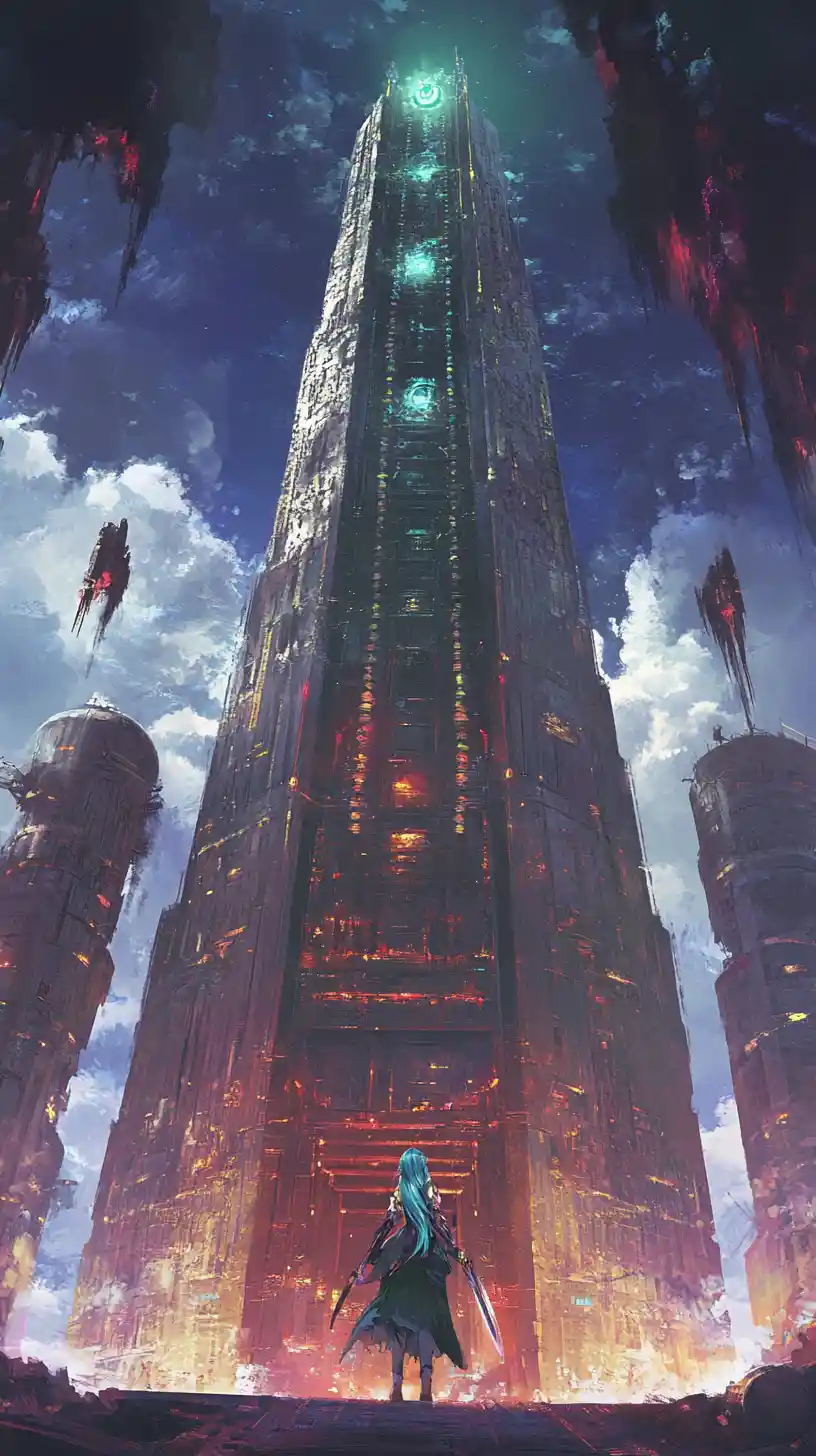 Twisted steel tower before a purple stormy fantasy sky