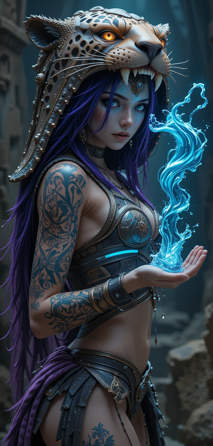 Purple haired warrior woman with jaguar headdress and water vortex