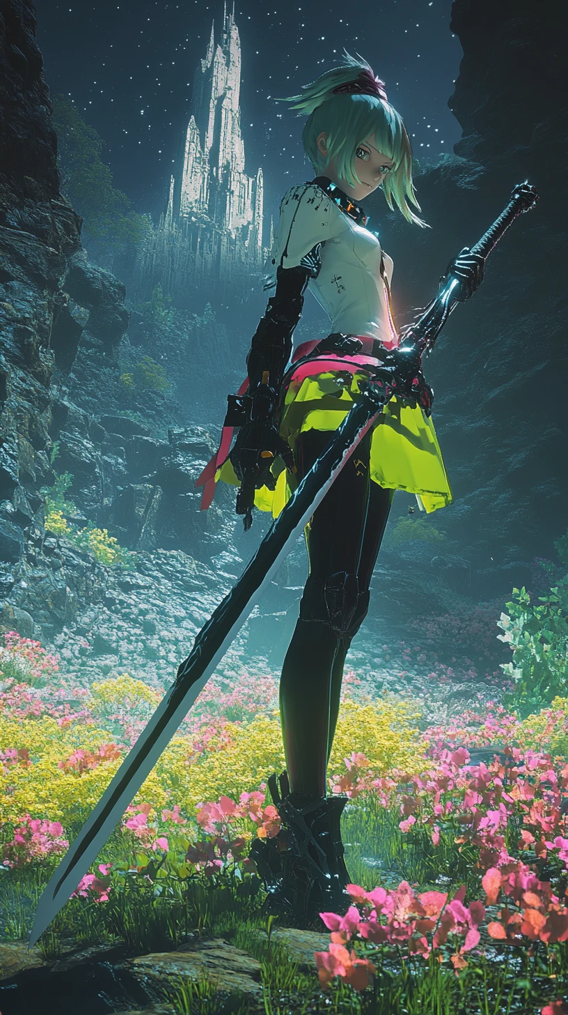 Anime girl in battle stance holding two detailed swords