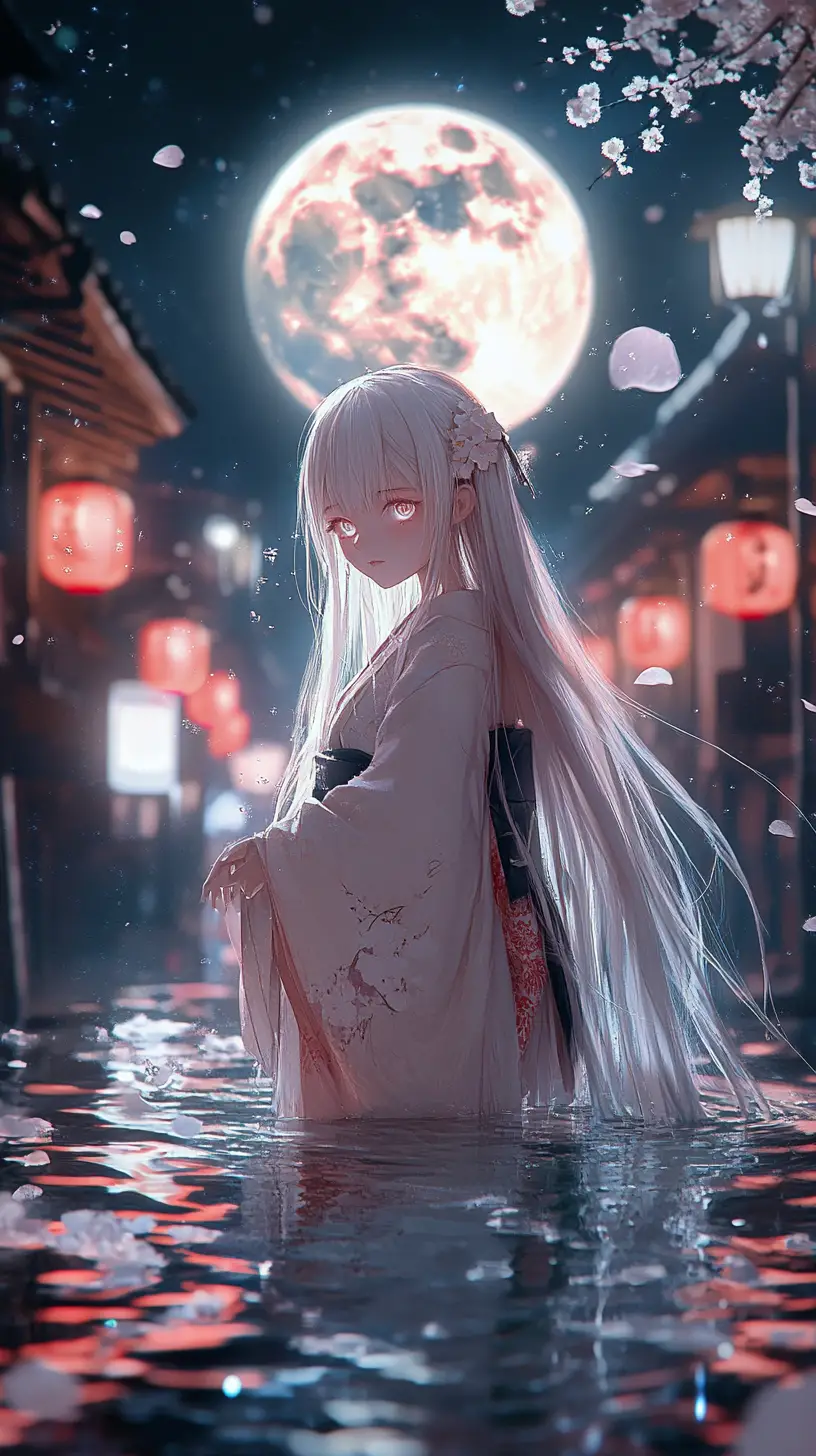 Anime woman in white kimono under the glowing full moon